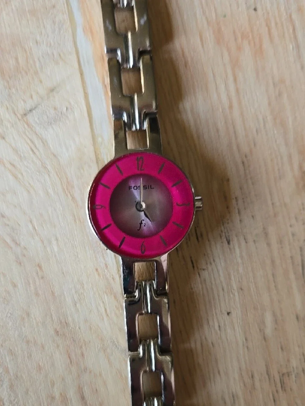 Fossil Silver Link Watch with Bright Pink Dial